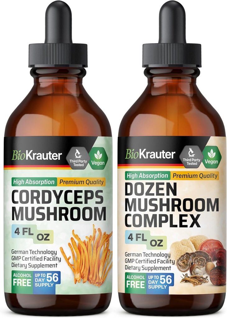 BIO KRAUTER Cordyceps Mushroom Tincture 4 Fl. Oz. & Dozen Mushroom Tincture 4 Fl. Oz.