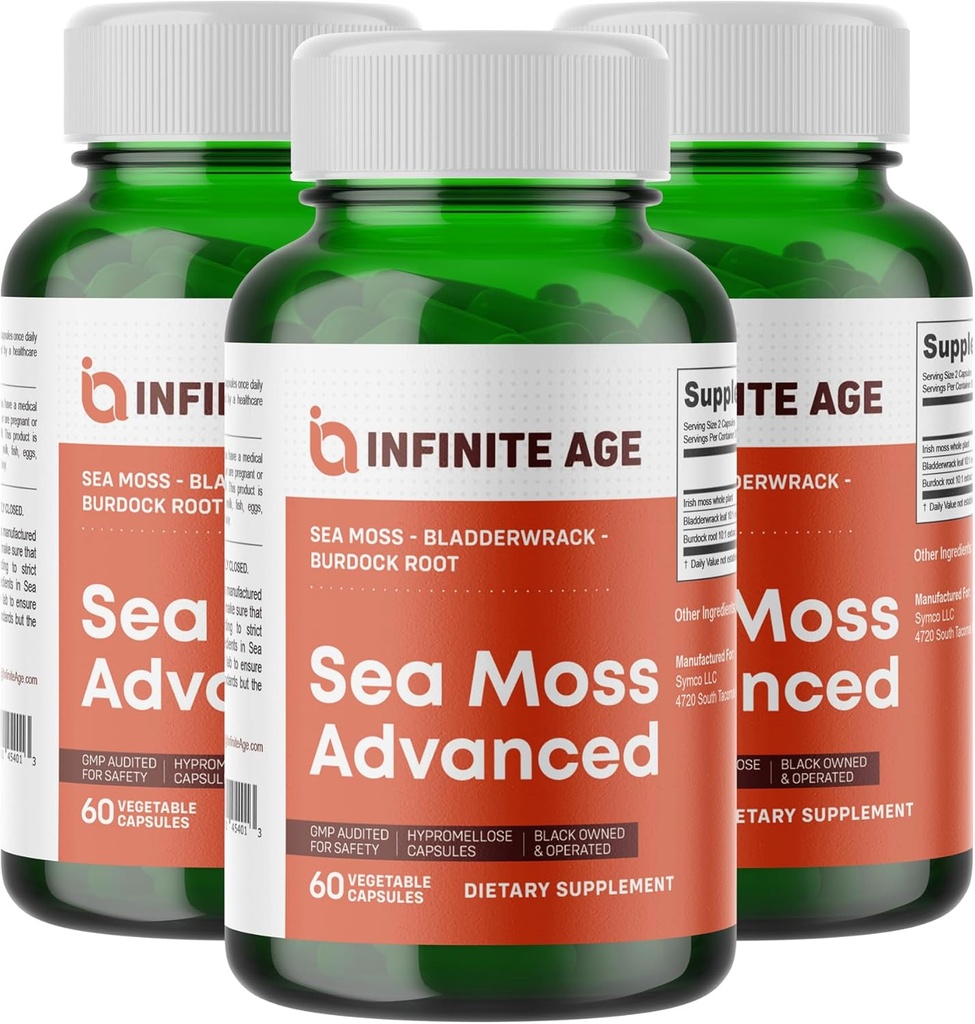 無限の年齢 3 パックの 1250 mg 海苔 高度なスーパーフード カプセル, 180 カウント - 高確率, ビーガン, 米国製 - アイルランドの海苔, ブラッドダーラック, ブルドック ルート - 全体的な健康, 免疫サポート
