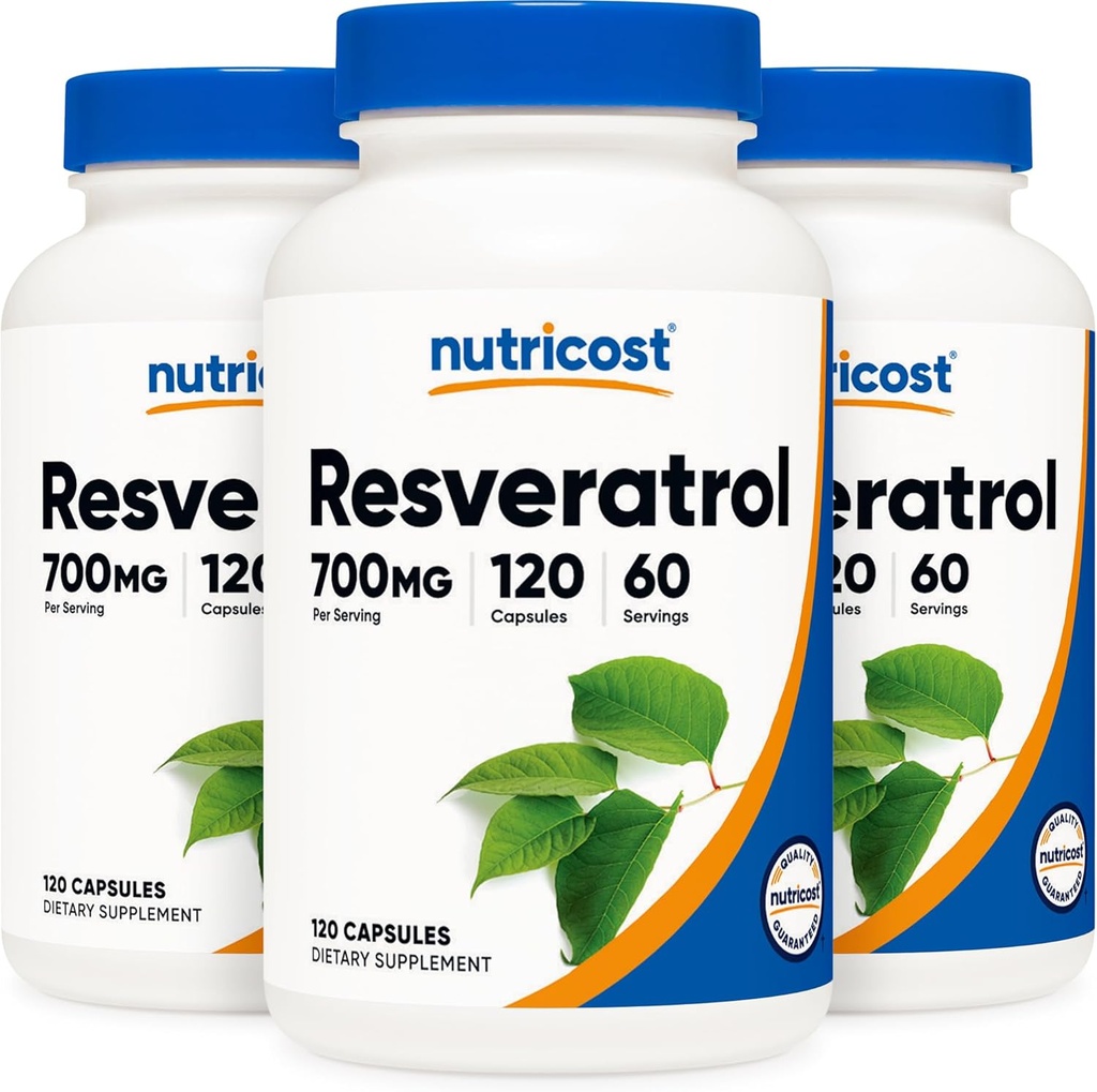 Nutricost Resveratrol 700mg; 120 野菜カプセル - 50% トランスレスベラトロール (3 ボトル)