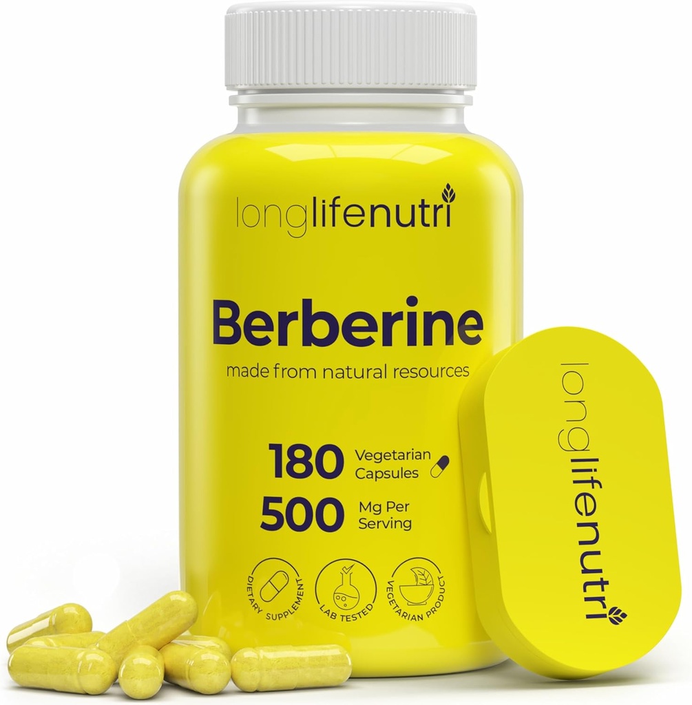 Berberine 500mg HCL抽出物 - Berberis Aristata Vulgaris、180ベジタリアンカプセル、全体的なウェルビーイングのための消化器用サプリメント、6ヶ月の供給、非GMO、サービングあたりの1000mg、GMP認証、米国メイド