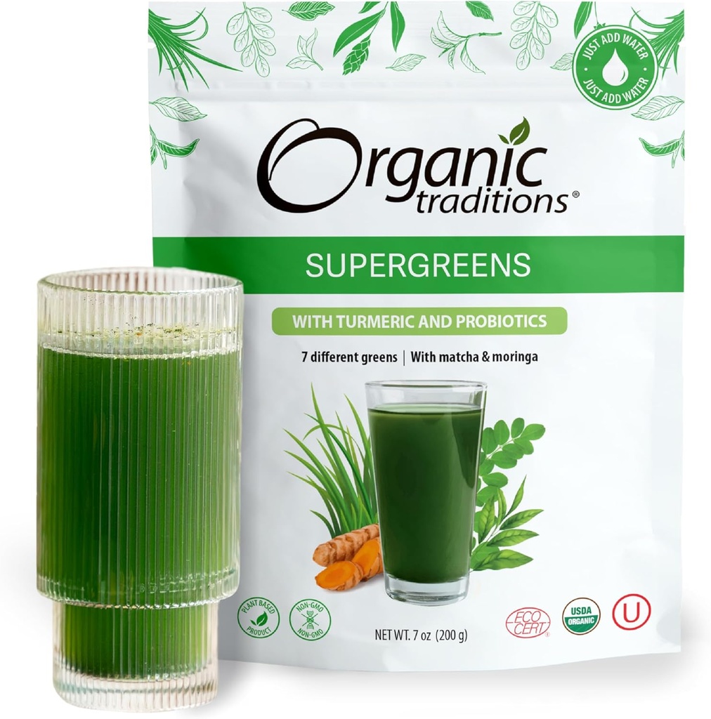 Organic Traditions Super Greens Powder Superfood with Turmeric, Organic Greens Superfood Powder, 200g / 7oz Bag