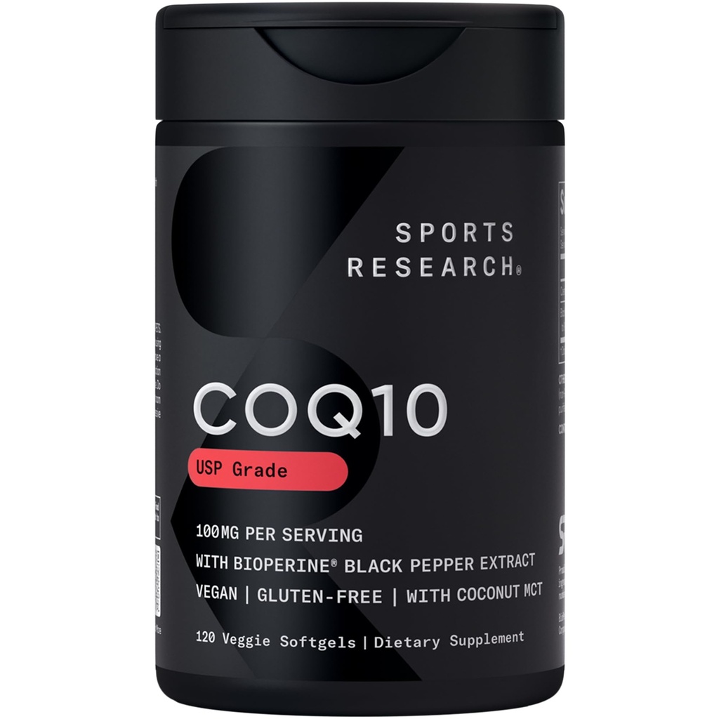 スポーツリサーチCoQ10 (100mg) より良い吸収のためのW /ココナッツオイル&バイオペリン(ブラックペッパー)を強化 | ビーガン認定、非GMO認定(120ベジギーソフトゲル)