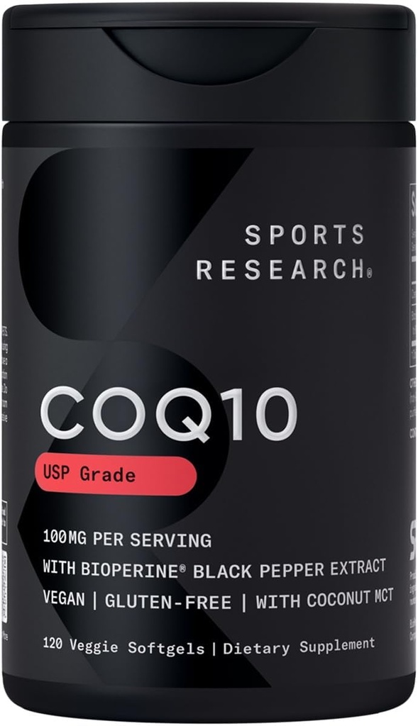 スポーツリサーチCoQ10(100mg)は、より良い吸収のためのw /ココナッツオイル&バイオペリン(ブラックペッパー)を強化 | ビーガン認定、非GMO認定(120ベジギーソフトゲル)