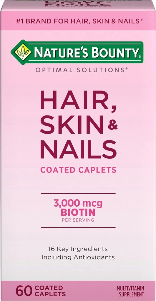 Nature's Bounty Optimal Solutions Hair, Skin & Nails フォーミュラ, with 3,000 mcg Biotin, 60 コーティング Caplets, 20 総給