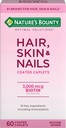 Nature's Bounty Optimal Solutions Hair, Skin & Nails フォーミュラ, with 3,000 mcg Biotin, 60 コーティング Caplets, 20 総給