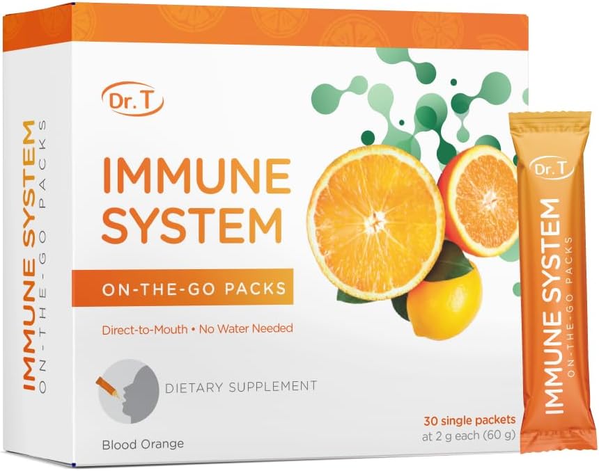 Dr. T On-The-Go Immune System Pack – ダイレクト・ツー・ムート・パウダー – 自然防衛ブースター, 酸化ストレス保護, 全体的な幸福をサポート – 30 便利なシングル・サーブ・パック