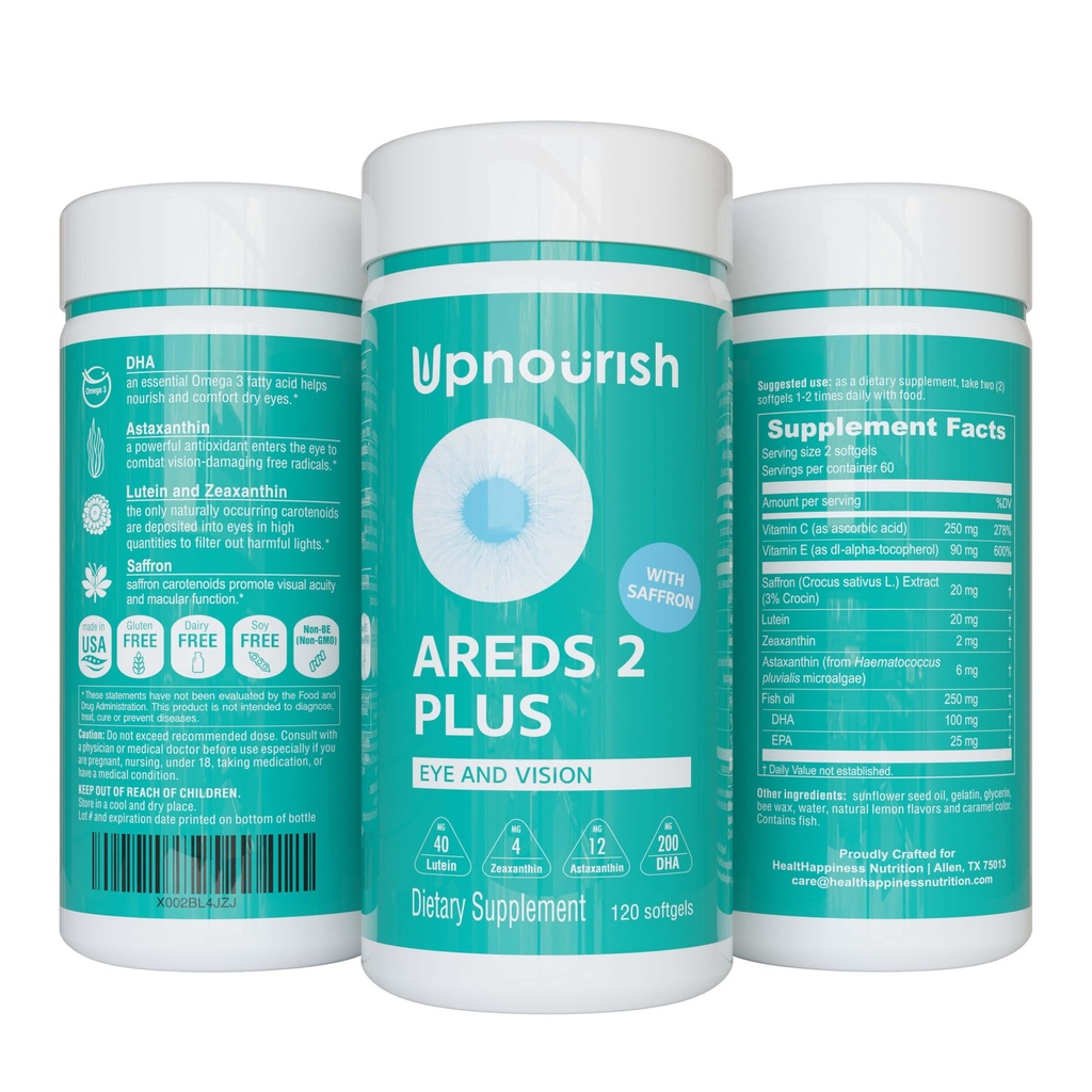 UpNourish AREDS 2 Plus Eye Vitamin Supplement、AREDS 2 亜鉛無料フォーミュラとルテイン、ゼアキサンチン、サフラン、アスタキサンチン&DHA - 120 Softgels