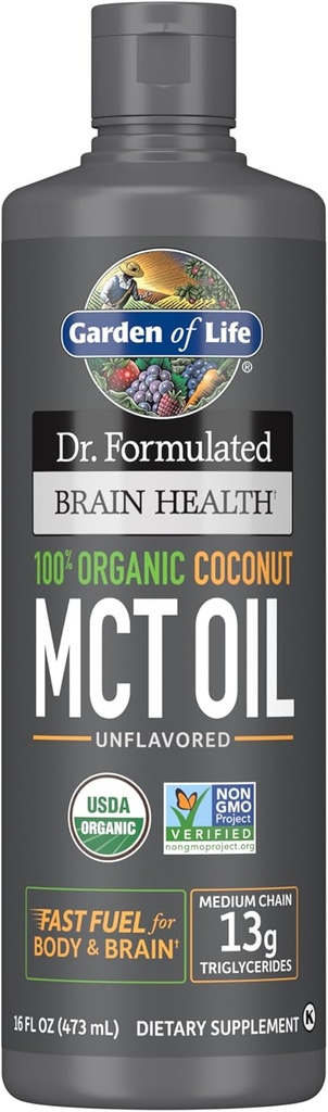 Garden of Life Dr. Formulated Brain Health 100% Organic Coconut MCT Oil 16 fl oz Unflavored, 13g MCTs, Body & Brain Fuel, Certified Non-GMO Vegan & Gluten Free, Hexane-Free