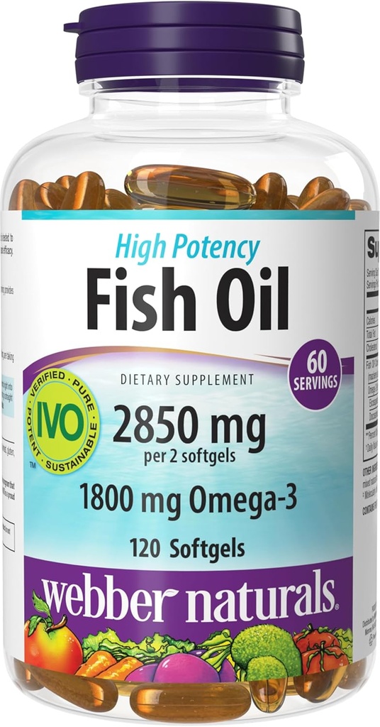Webber Naturals Fish Oil 2850 mg, 高効力, 1,800 mg Omega-3 per サービングあたり, 120 明確なエンターティックSoftgels, 魚介類のアフタステ無し, ウルトラ精製, サポートハート, 認知, 関節の健康