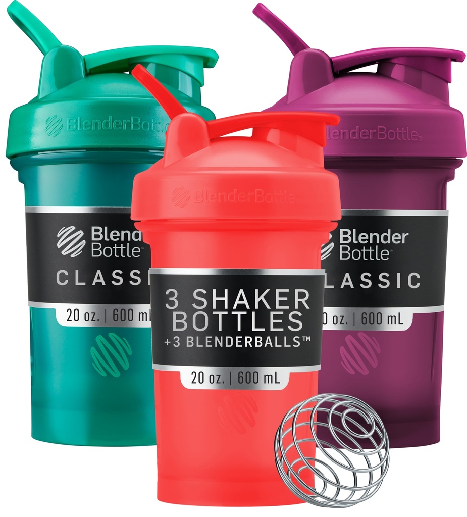 BlenderBottle古典的なV2シェーカーボトルは、タンパク質シェイクスとプレワークアウト、20-オンス(3パック)、レッド、グリーン、プラムに最適です