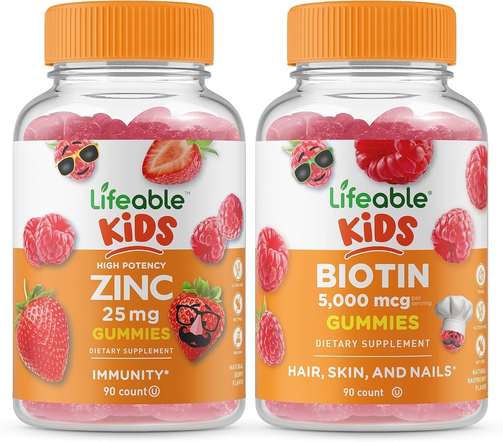 Lifeable Zinc 25mg Kids + Biotin Kids, Gummies Bundle - Great Tasting, Vitamin Supplement, Gluten Free, GMO Free, Chewable Gummy