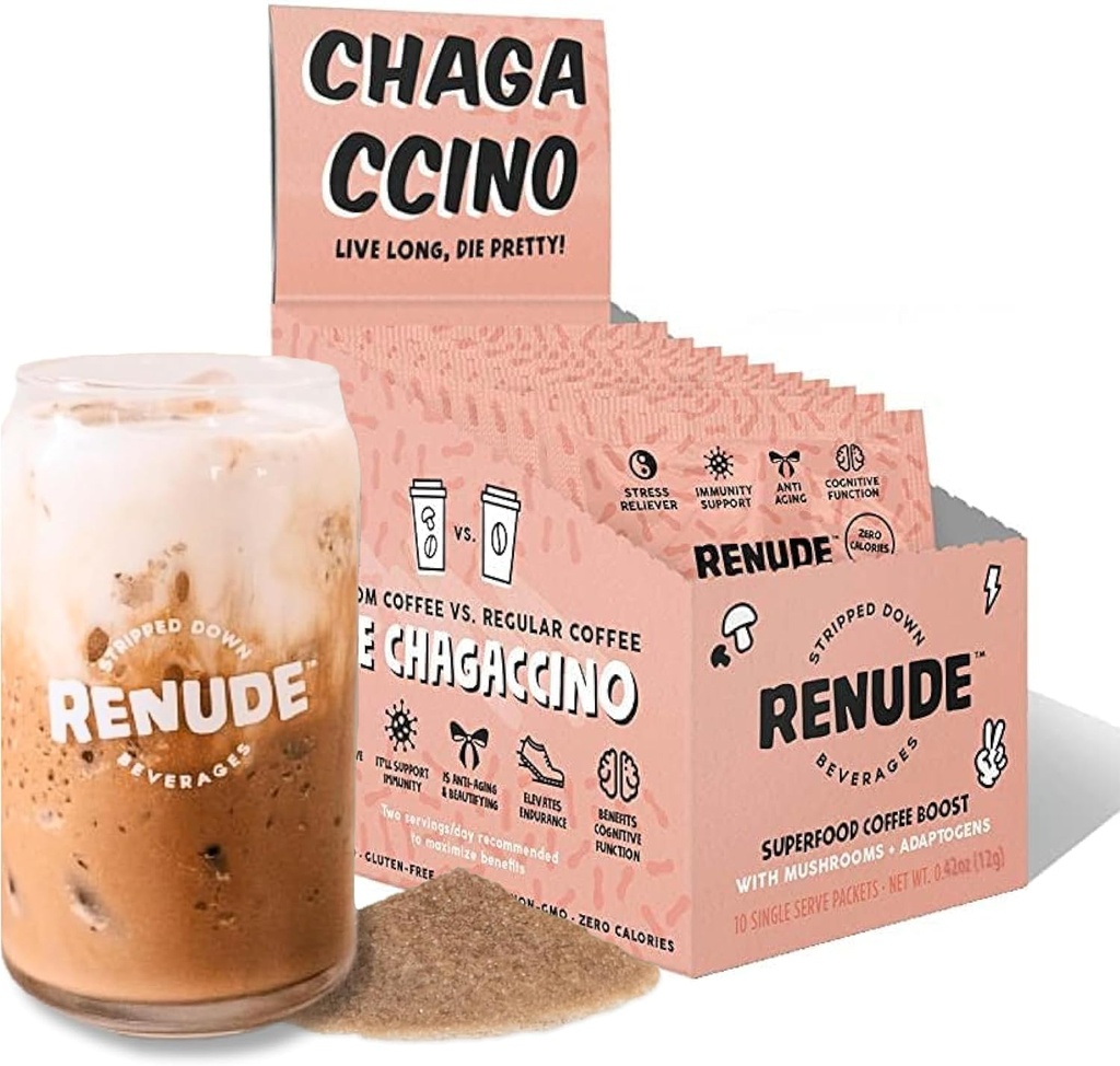 Renude Chagaccino - チャガマッシュルームパウダー、アダプトゲン、自然エネルギーと免疫サポート、ビーガン、ケト、ゼロカロリーキノコブレンドパウダー - 10サービング