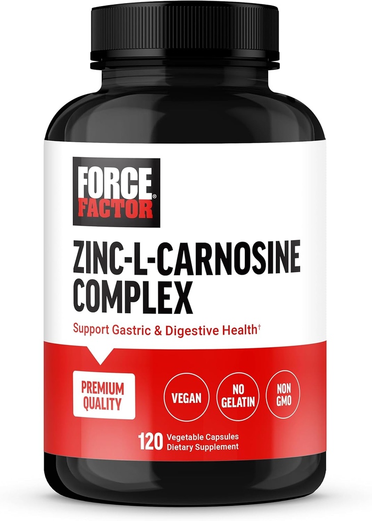 FORCE FACTOR Zinc L-Carnosine Capsules to Support Gastric and Digestive Health, Digestion and Bloating Supplement, Vegan, Non-GMO, No Gelatin, 120 Capsules