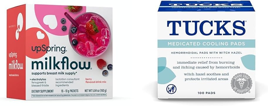 アップスプリング ミルクフロー 電解液 乳液 サプリメント ドリンク ミックス with Fenugreek | ベリーフレーバー | 16 ドリンクミックス + TUCKS 薬用冷却パッド, 100 カウント