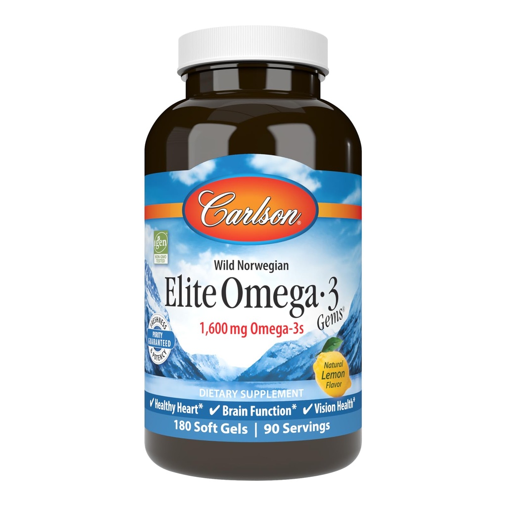 カールソン - エリートオメガ-3 宝石, 1600 mg Omega-3 含むEPA と DHA, ノルウェーの, ワイルドキャッチフィッシュオイルサプリメント, 持続的に供給, レモン, 180 Softgels