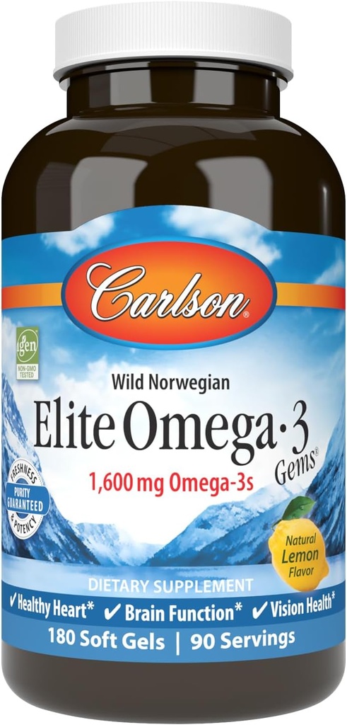 カールソン - エリートオメガ-3 宝石, 1600 mg Omega-3 含むEPA と DHA, ノルウェーの, ワイルドキャッチフィッシュオイルサプリメント, 持続的に供給, レモン, 180 Softgels