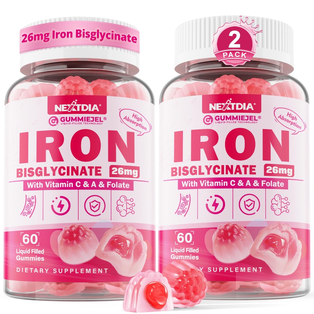 女性&男性のためのビーガン鉄サプリメントグミー - w /ビタミンC Folate B12 大人&子供用亜鉛、鉄欠乏症、エネルギーブースト、非便秘&味付け後、砂糖フリー2パック