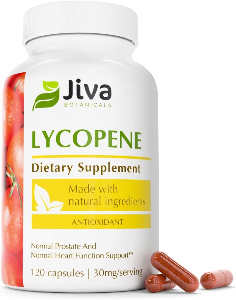 Jiva Botanicals Lycopene Supplement 30mg - Antioxidant Support for Normal Prostate and Heart Health Support - Lycopene from Tomato Extract - Made in The USA - Non GMO, Vegan - 120 Capsules