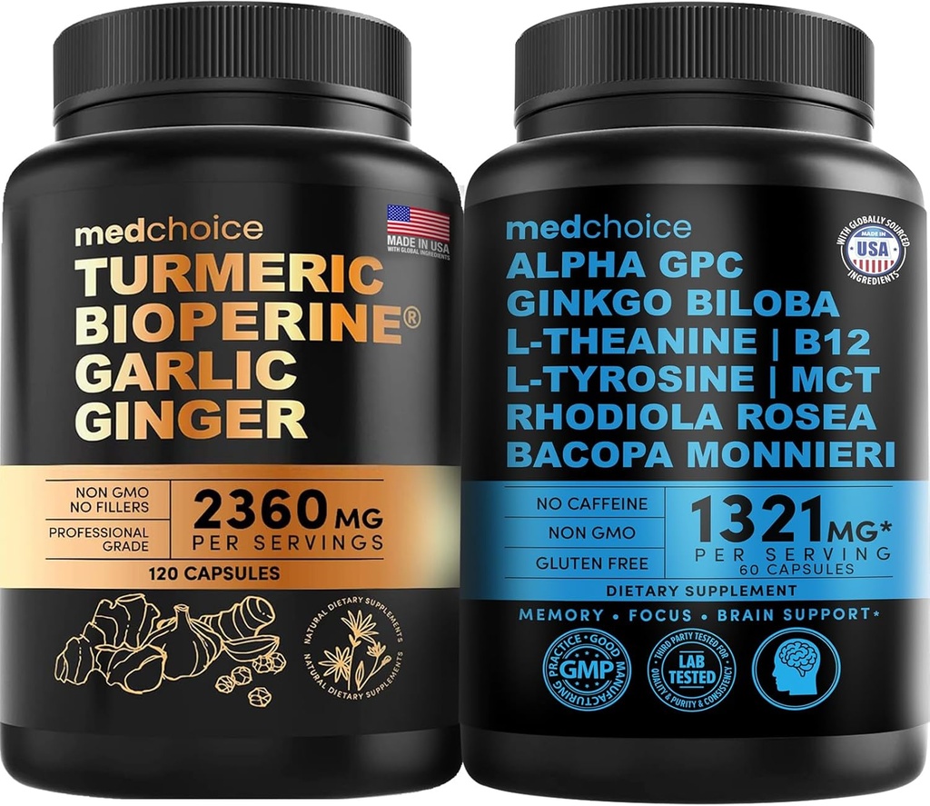 MEDCHOICEターメリック&ジンジャー(120ct)と向知性脳(60ct)サプリメントバンドル - 健康デュオ、ダイジェクション、脳、および気分のサポート - ビーガン、非GMO、グルテンフリー