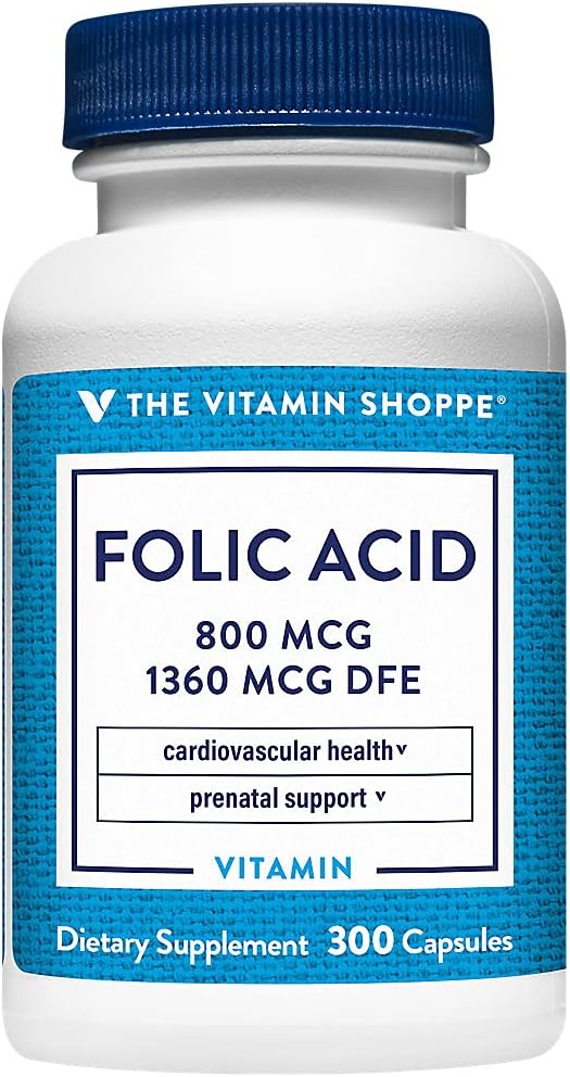 The Vitamin Shoppe Folic Acid 800MCG, Supports Prenatal & Fetal Development (300 Capsules)