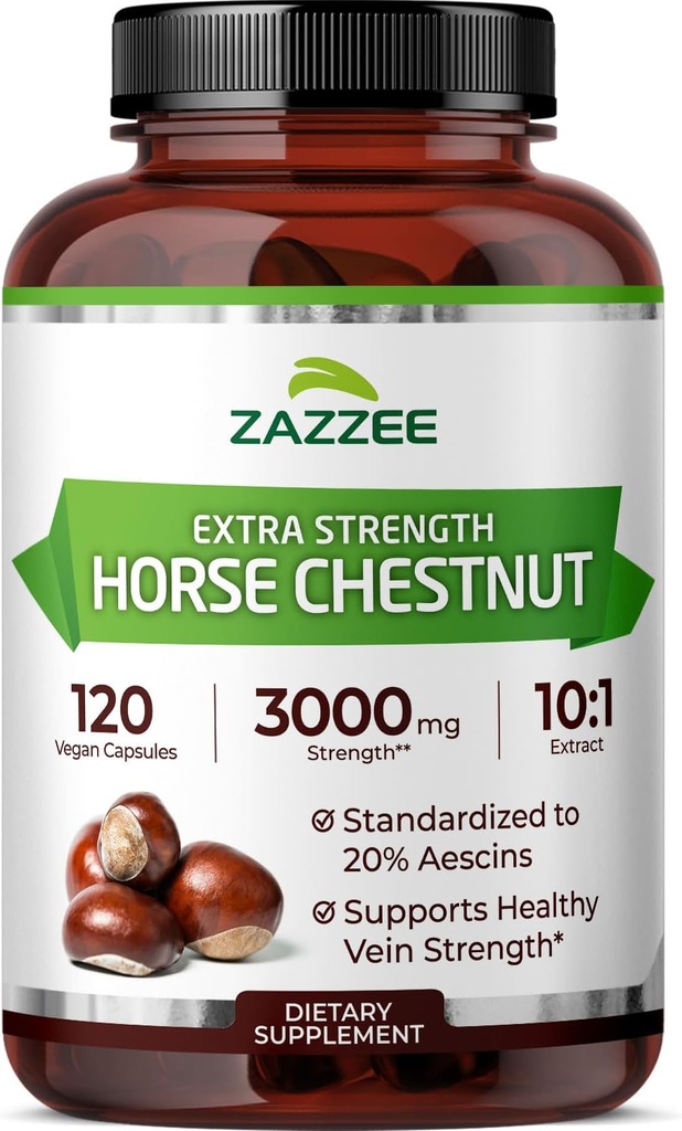 Zazzee Extra Strength Horse Chestnut 10:1 Extract, 3000 mg Strength, 20% Aescins, 4 Month Supply, 120 Vegan Capsules, Concentrated and Standardized 10X Extract, All-Natural, Non-GMO, Made in The USA