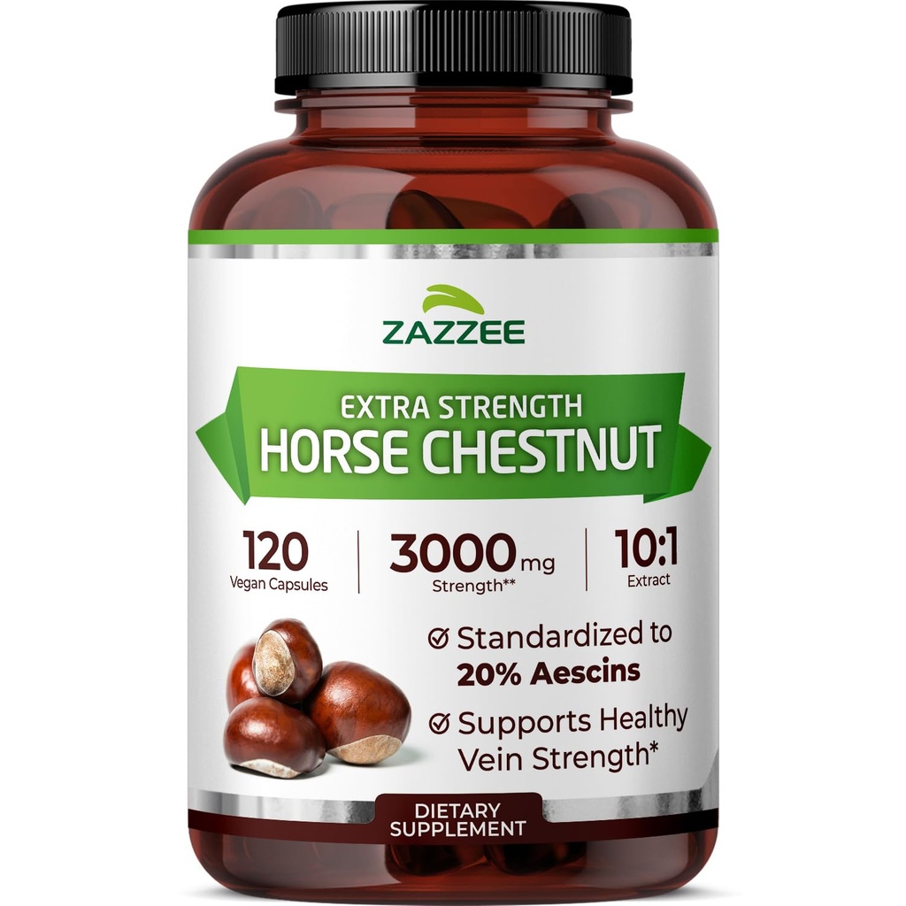 Zazzeeの余分強さの馬のChestnut 10:1のエキス、3000のmgの強さ、20%のAescinsの4か月の供給、120のビーガン カプセル、集中し、標準化された10Xのエキス、全非GMO、米国でなされる