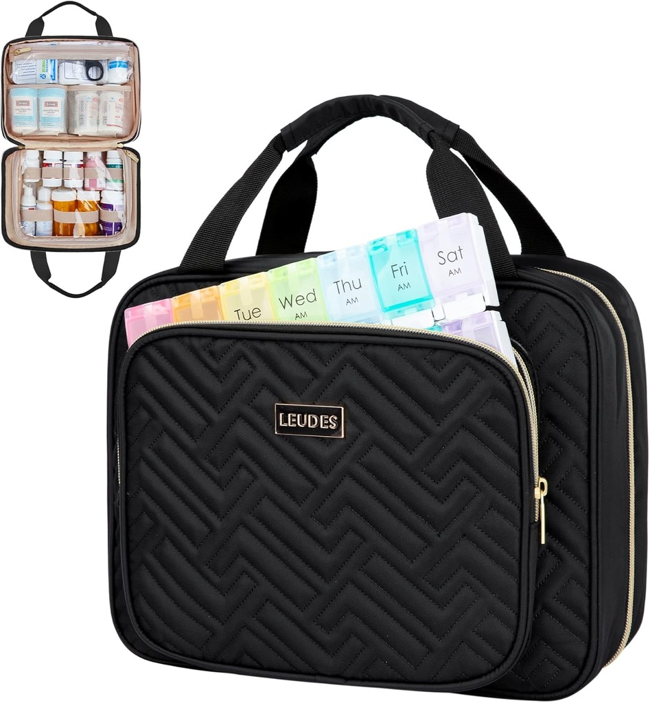 Leudes旅行丸薬のびんのオルガナイザー、薬のオルガナイザーおよび貯蔵、ホーム メディテーション袋、場合、丸薬、ビタミン、魚油、女性および人のための補足(中、黒)