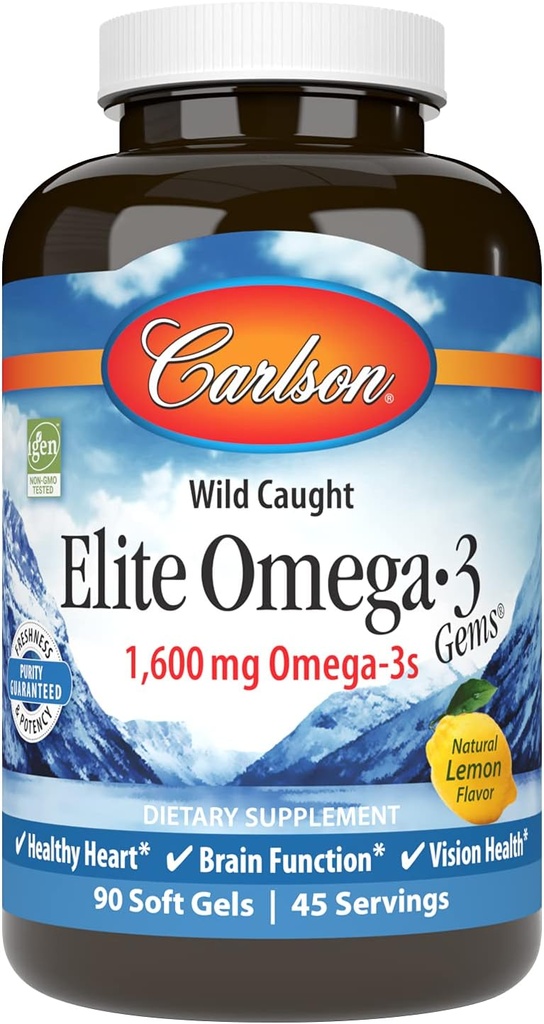 Carlson Elite Omega-3 Gems, 1600mg Omega-3s with EPA & DHA, ワイルドキャッチ ノルウェーの魚油, レモン風味, 90 Softgels