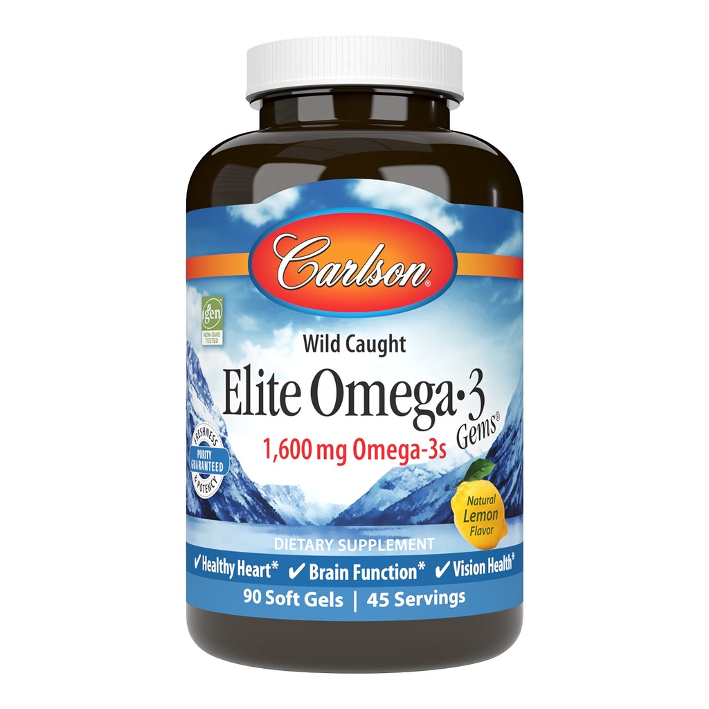 Carlson Elite Omega-3 Gems, 1600mg Omega-3s with EPA & DHA, ワイルドキャッチ ノルウェーの魚油, レモン風味, 90 Softgels