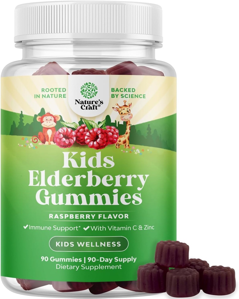 Natures Craft Sambucus Elderberry Gummies for Kids Health - Delicious Black Elderberry Gummies with Zinc and Vitamin C for Kids Immune Support - Gelatin and Gluten Free Non-GMO Immunity Support 90
