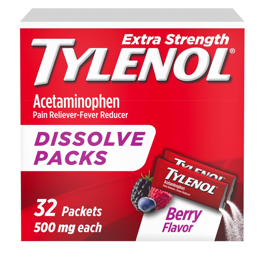 Tylenolの余分強さの分解の粉のパック、500のmgのアセトアミノフェンの苦痛Reliever及びファーバーの減力剤の薬、マイナー・エース及び苦痛のための速い救助、Ibuprofen及びAspirinなし、オン・ザ・ゴー・ベリーの味、32のCt