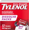 Tylenol Extra Strength Dissolve Powder Packs, 500 mg Acetaminophen Pain Reliever & Fever Reducer Medicine, Fast Relief for Minor Aches & Pains, Ibuprofen- & Aspirin-Free, On-the-Go Berry Flavor, 32 Ct