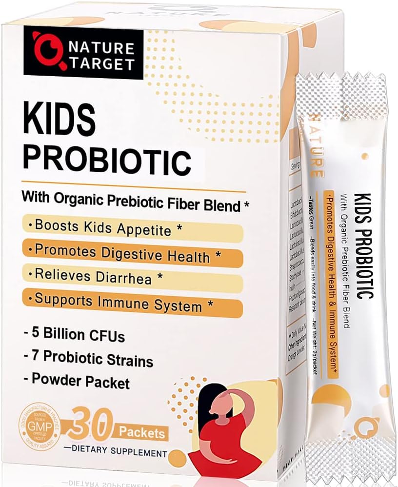 プレバイオティクス繊維とプロバイオティクス-for-Kids, 5 Billion CFUs Kids Probiotic Powder for Digestive Health & Immune Support, 7 有機プロバイオティックストレーナー 年齢 3+, 乳製品, グルテンフリー, 30 パケット