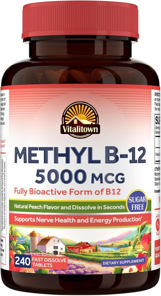 VitalitownのビタミンB12 (メチルB12) 5000のmcgの十分に生物活動的な形態、サポート エネルギー生産、自然なピーチの味、ゼロ砂糖、240の速い分解のタブレット