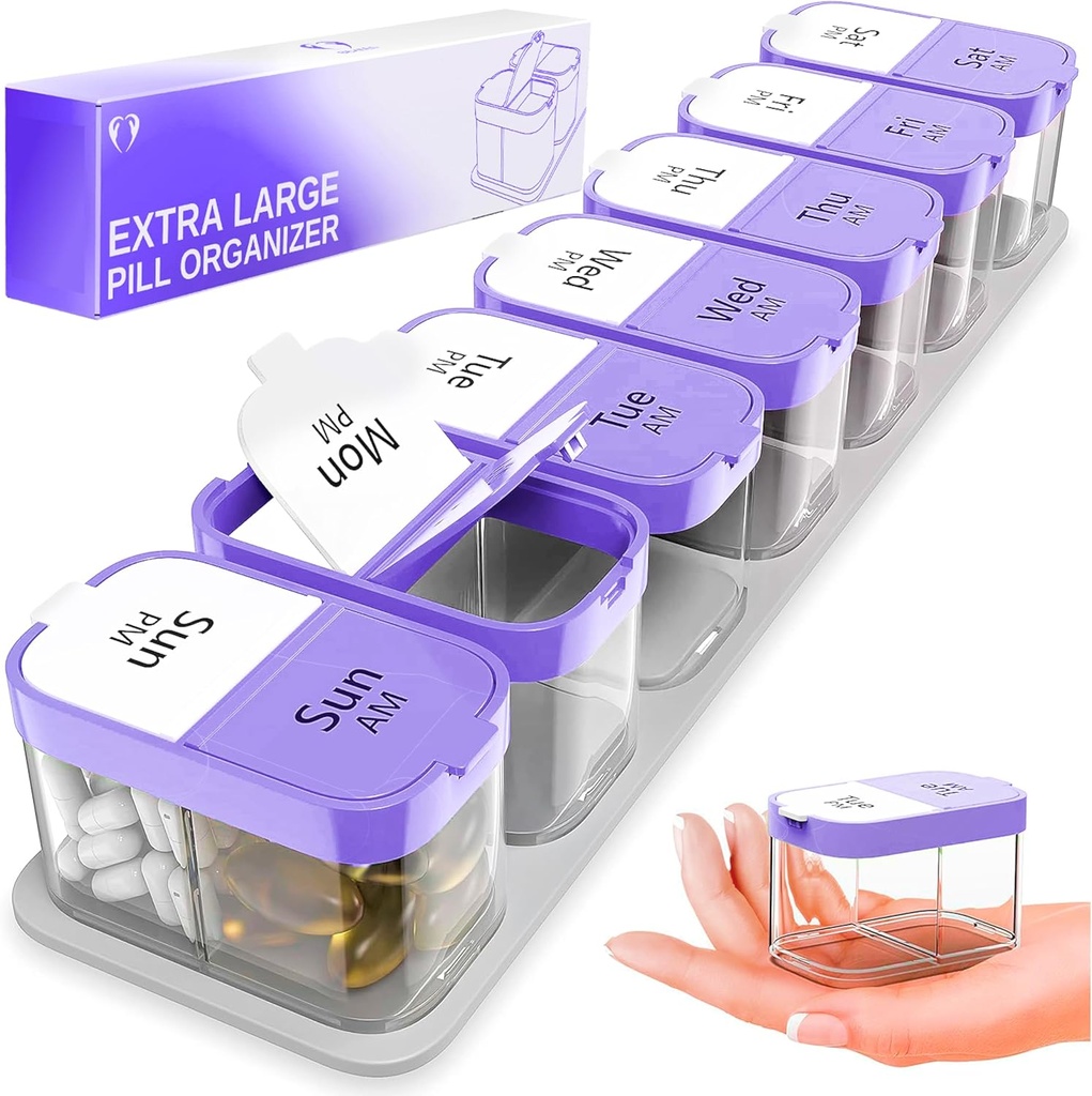 Extra Large Weekly Pill Organizer - XL Vitamin Holder with 7 Detachable AM PM Compartments - Portable Medicine Dispenser for Home and Travel, Big Supplement Container for Weekly or Daily Use, Purple