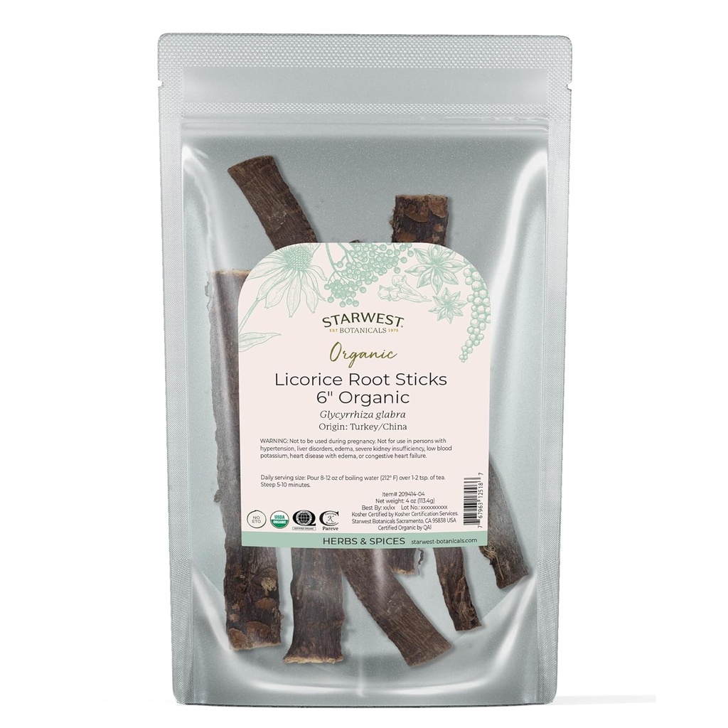 Starwest Botanicals 有機乾燥リコライスルートスティック 6" - ルーズリーフティーブレンド、キャンディ、および焼かれた商品、カット&シフト、認定コシャ、非GMO - 4 oz ポーチ