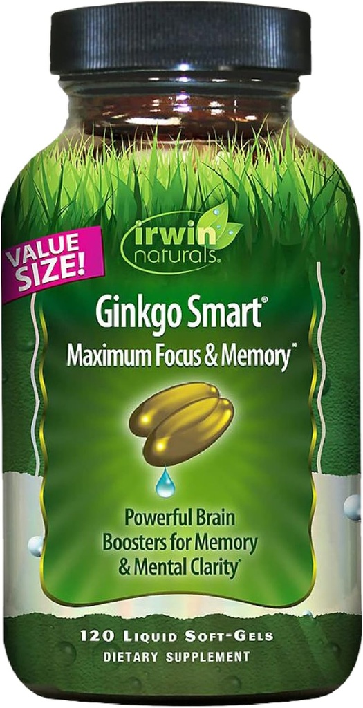 Irwin Naturals Ginkgoスマート強力な向知性脳ブースター - DMAE、Clubmos、Choline、Acetyl L-Carnitineと最大メモリ、フォーカス&メンタルクラリティをサポート - 120液体Softgels