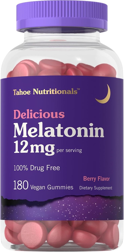 Carlyle Tahoe Nutritionals Melatonin Gummies 12mg | 180カウント | ベリーフレーバー ガミー | 無料のサプリメント | 完全菜食主義者の, ノンGMO, グルテンフリー