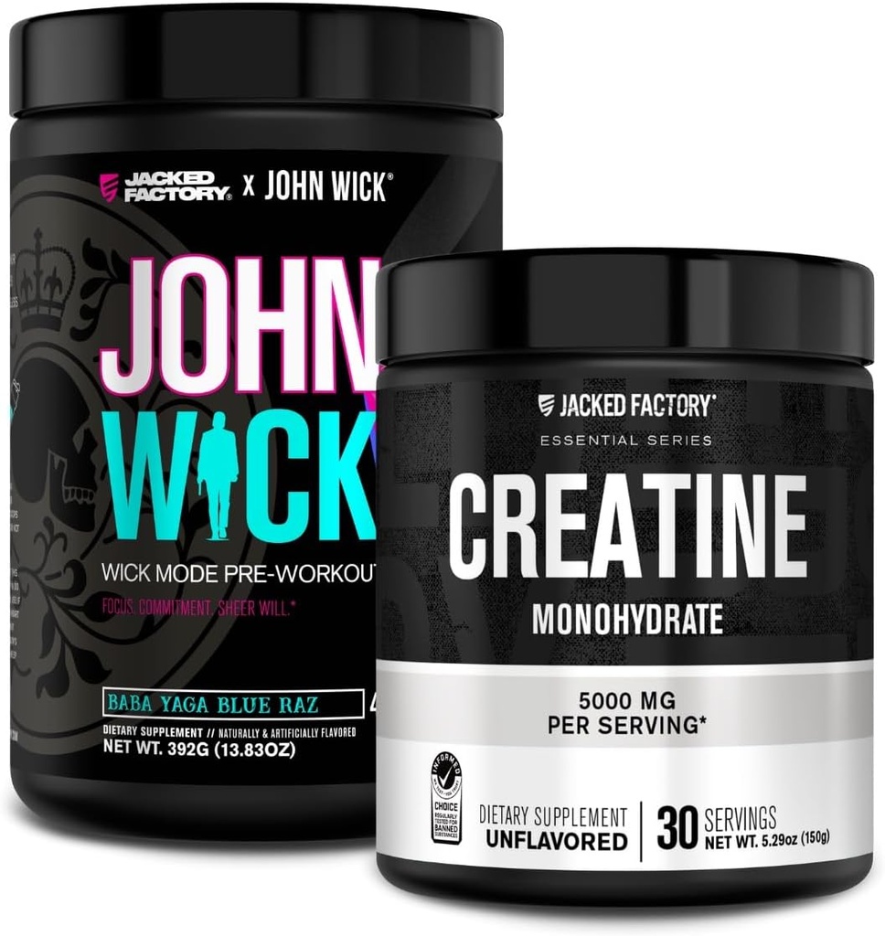 Jacked Factory X John Wick - Wick Mode Pre Workout Powder (Baba Yaga Blue Raz, 40 Servings) & Creatine Monohydrate Powder (Unflavored, 30 Servings)