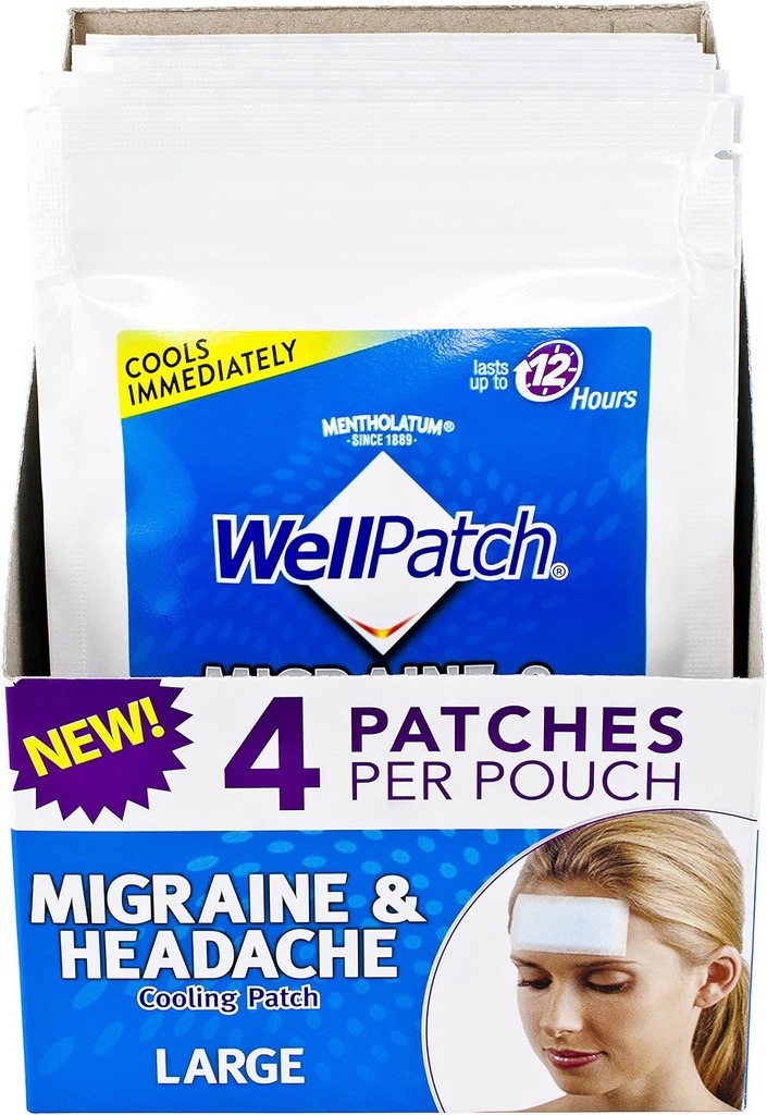 WellPatch の片頭痛及び頭痛の冷却パッチ-薬物は 12 時間まで、薬物と安全に使用するために持続します - 大きいパッチ(4つのパッチのパック)、各 4.3 x 2 in
