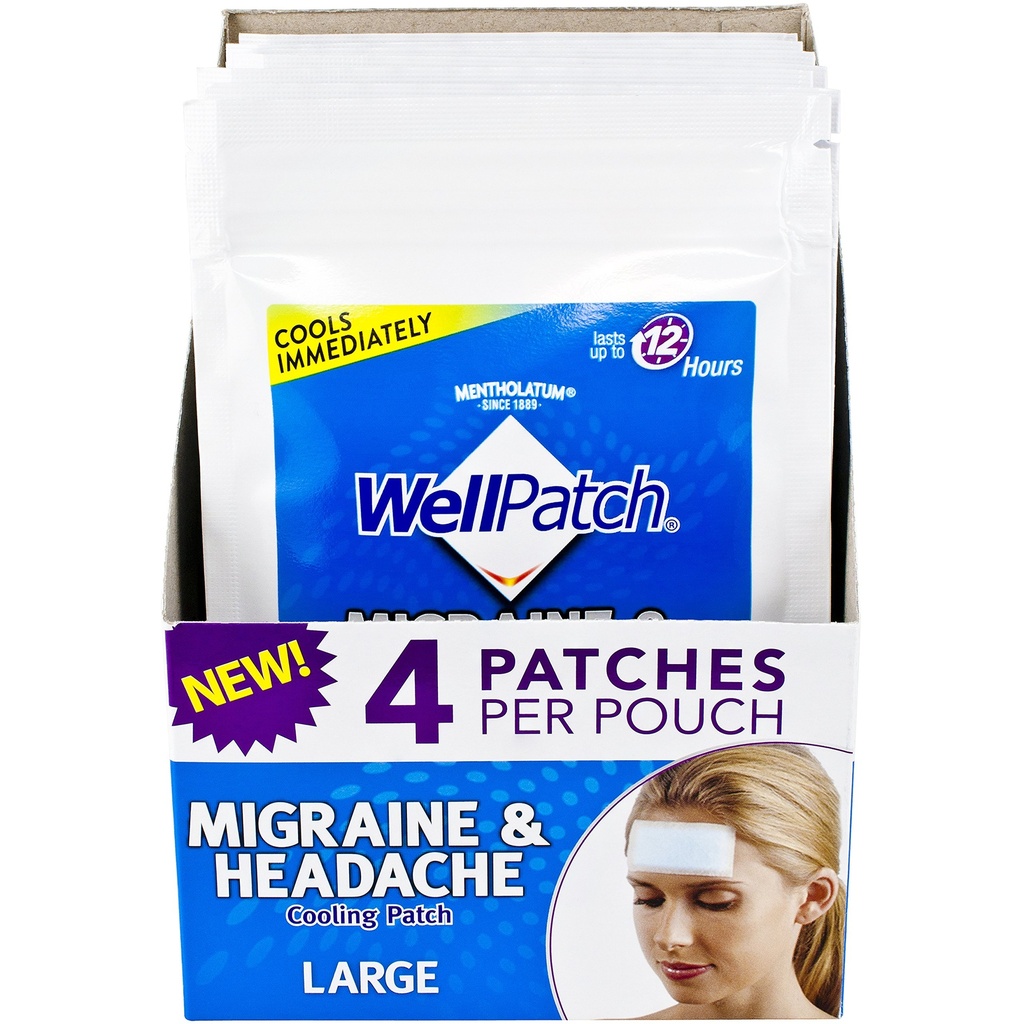 WellPatch の片頭痛及び頭痛の冷却パッチ-薬物は 12 時間まで、薬物と安全に使用するために持続します - 大きいパッチ(4つのパッチのパック)、各 4.3 x 2 in
