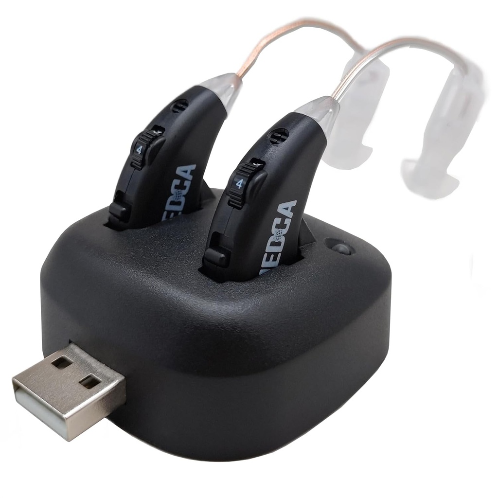 デジタル補聴器 - 充電式プレミアム BTE パーソナル サウンド アンプ ペア USB ドック、長持ち電池寿命、ブラック の耳の補聴器デバイス後ろ