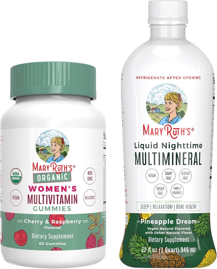 女性向けMaryRuthのMultivitamin Gummies(チェリー&ラズベリー)&Liquid Nighttime Multimineral(パイナップル) | クリーンラベルプロジェクト Verified® | ヴィーガン | 美容・就寝ルーチン・健康全般