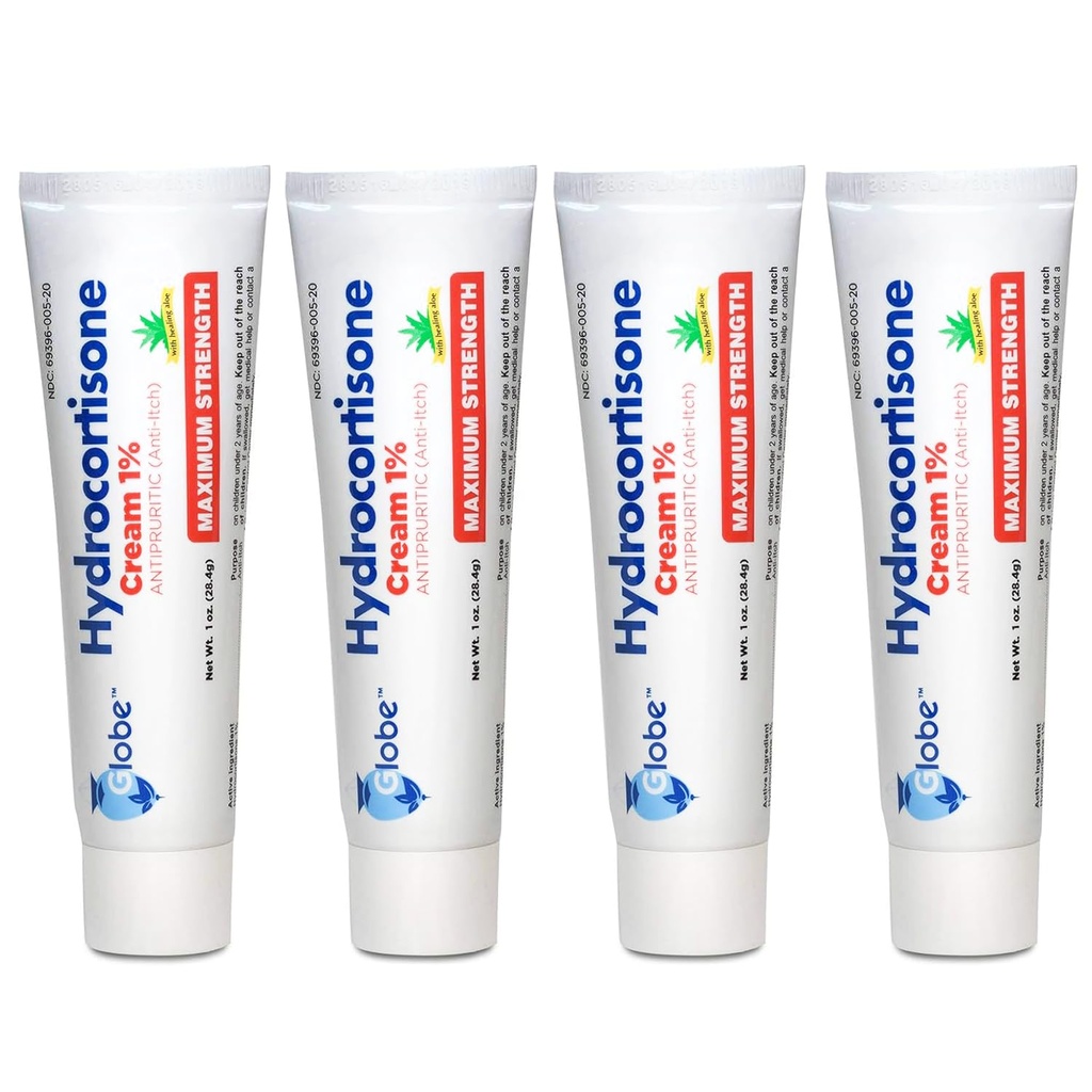 Globe (4パック) Hydrocortisoneの最高の強さの反アイッチのクリーム1% w/Aloeの赤み、Rash、バグ及びMosquitoビット、Eczema、Hemorrhoids、敏感な皮、即刻のItchの救助、1つのozの管のための集中的な方式