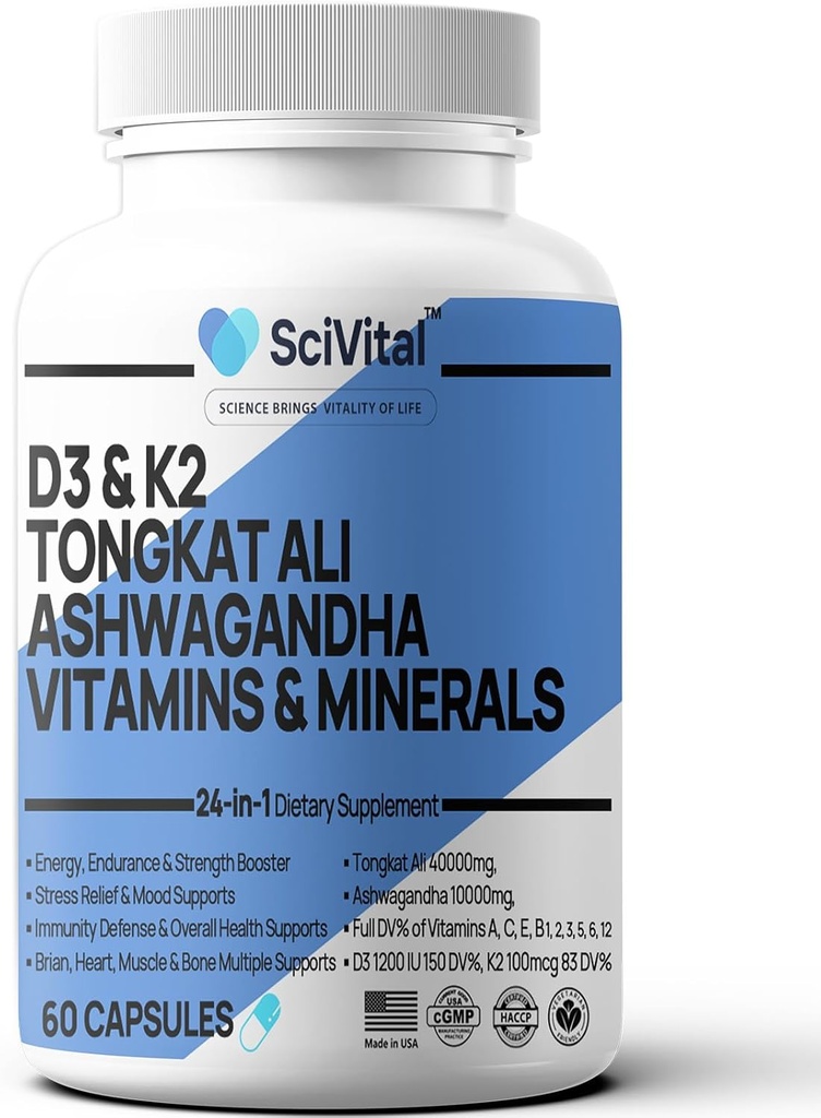 Ashwagandha 10000mgのTongkat Ali 40000mgの補足Multivitamin D3 K2 -人の健康及び圧力、気分、エネルギー、持久力サポート-AshwagandhaのカプセルのTongkatの米国- 60の計算