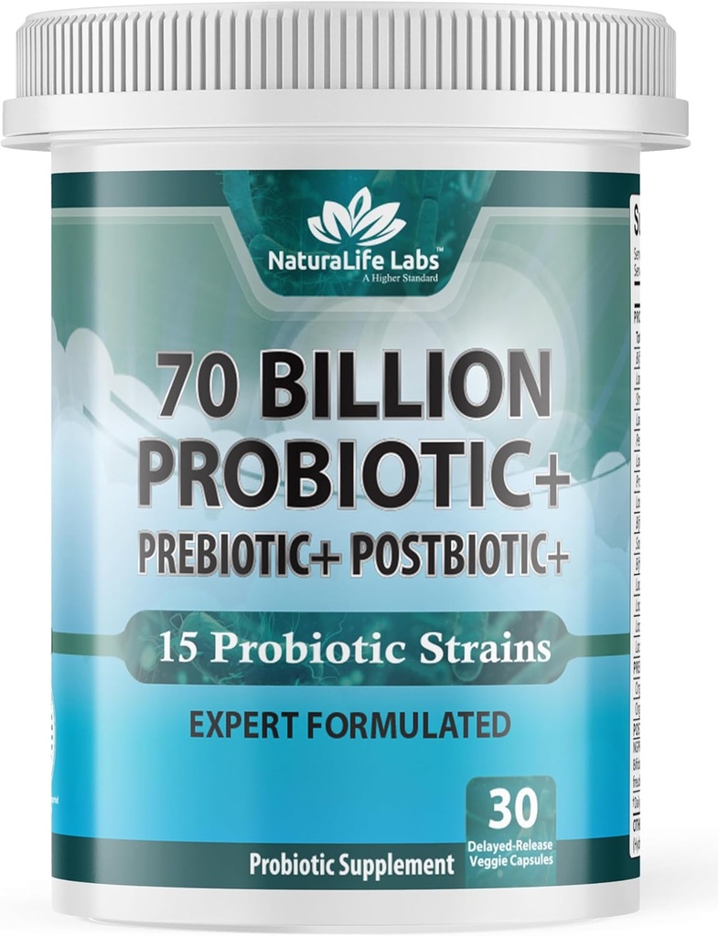 NaturaLife Labs Probiotics 70 Billion CFU – 15 オーガニックプレバイオティクス&ポストバイオティクスのストレーナー – 3-in-1フォーミュラ – 30 ビーガンカプセル