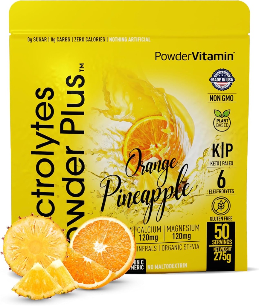 Electrolytes Powder Plus (50 Servings), 0 Calorie Keto, 0 Sugar, No Maltodextrin,1000mg Potassium,120mg Calcium,120mg Magnesium, Hydration Powder (50 Servings, Orange Pineapple)