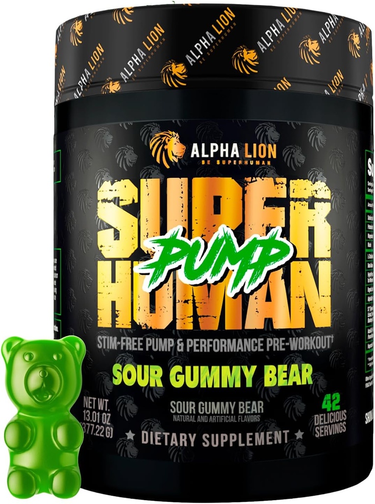 ALPHA LION Superhumanポンププレワークアウトパウダー、Nootropic Caffeine&Stim無料プレワークアウトサプリメント、Nitric Oxide Booster、筋肉ゲイン、エネルギー&フォーカス(42サービング、サワーガミーベア)