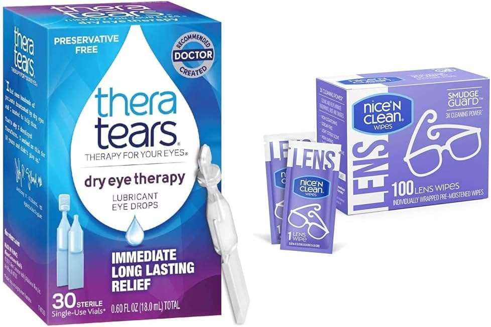 TheraTearsドライアイセラピー潤滑剤アイドロップ、保存料無料、30バイアル&ニース「Nクリーンスマッジガードレンズクリーニングワイプ、100ワイプ