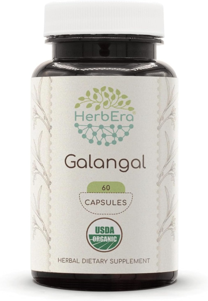 HerbEra Galangal USDA オーガニック 60 カプセル | 天然ハーブ サプリメント | 認定オーガニック ベジタリアン カプセルとオーガニック ガランガル (Alpinia Galangal) ドライ ルート (60 カプセル)